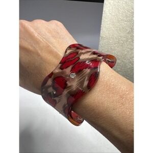 VTG Bracelet Cuff Lucite Plastic Red Leopard Rhinestones Bangle Asymmetrical 80s